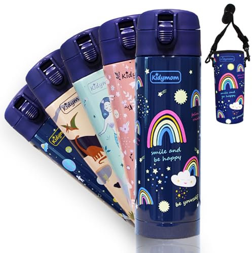 KidymomTrinkflasche Kinder Edelstahl, Thermosflasche Auslaufsicher BPA frei 350ml + GRATIS Tasche!, Isoliert Thermos Trinkflaschen, Einhorn Flasche Kind Kleine Thermoskanne Kindergarten Schule