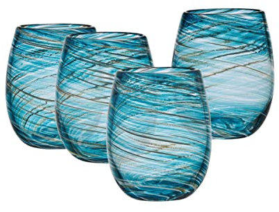 MIKASA Color Swirl Stemless Wine Glass, Set of 4, 16 Ounce, Blue