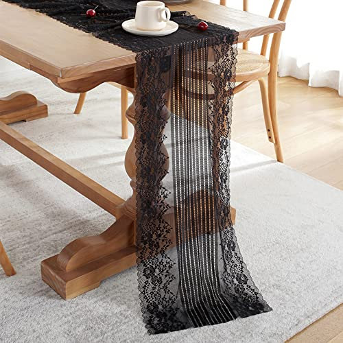 Spitzen Tischläufer Rechteckige Häkelspitze Hohle Mesh Tischdecke Dekoratives Tischband Edle Tischdeko für Rustikale Boho Geburtstage Hochzeit Party Esstisch Wohnzimmer Deko,140 x 38cm Schwarz