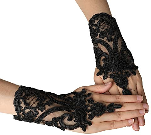 MoreChioce Vintage Spitze Hochzeitshandschuhe, Damen Brauthandschuhe Kurz Spitzenhandschuhe Fingerlose Handschuhe Blumenmuster Braut Handschuhe Halbhandschuhe für Hochzeiten Party,Schwarz