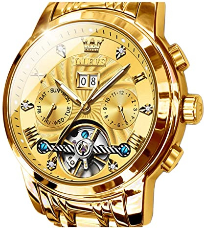 OLEVS Automatic Men Watch Black Face Tourbillon Self Winding Mechanics Luxury Business Stainless Steel Strap Luminous Waterproof Wrist Watch