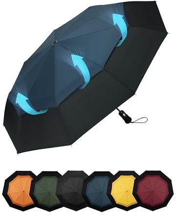 Chakipee Kompakter Reise Regenschirm Groß Sturmfest – Automatik Taschenschirm für Herren und Damen, Doppelt belüftetes Vordach 210T-Gewebe 102 cm Spannweite 9 Rippen Schirm Blau
