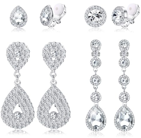 Jstyle 4 Pairs Silver Clip on Earrings for Women Elegant Rhinestone Clip on Earrings Dangle Drop for Brides Bridesmaids Non Pierced Earrings Set-Clip Stud and Dangle Earrings Style