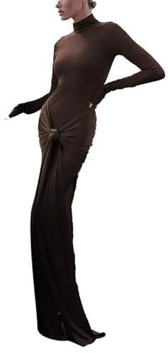 Vestido largo de manga larga con volantes y hombros descubiertos para mujer, de punto acanalado, vestido largo para fiesta de noche, vestido largo de tubo, 5, S