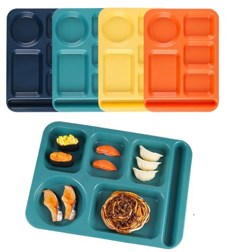Unbreakable Divided Plates for Adults,4 Pack 14 Inch Reusable Portion Control Plate,6 Compartments Food Serving Tray for Kitchen Picnic,Dishwasher and Microwave Safe,Lightweight Plates for Daily Use