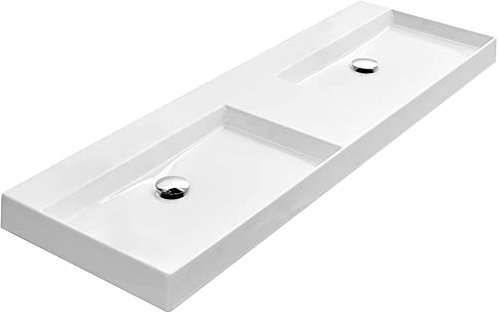Ben Parma Waschbecken aus Keramik, 140x45x8 cm -, 2 Becken, 2 Armaturenlöcher, Glanzweiß - Waschbecken für Unterschrank, Waschtisch für Badmöbel Set