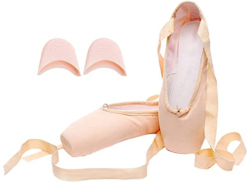 M&Catree Scarpe da Danza Punta Classica Scarpette da Balletto Pointe con Nastro e Puntali per Donna e Ragazza - Canvas (Puntali in Silicone), CN 38 (EU 37)