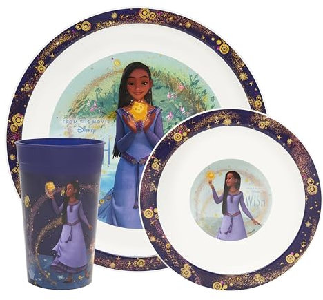 Disney Wish 3pc Kids Dinner Set by Polar Gear – Plates and Bowls Sets with Kids Cup – Dinnerware Set Featuring Asha and Wish Star - Toddler Set