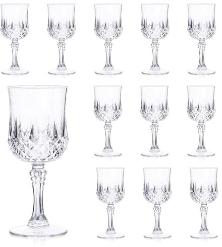 Dualshine 12 Pcs Plastic Wine Glasses, Transparent Plastic Goblets for Wedding Reception, Drinking Glasses for Parties、Valentine's Day、Birthdays（White）