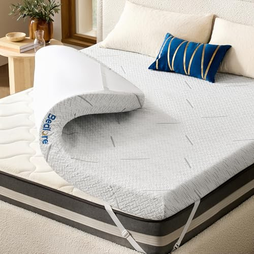 BEDLORE Gel-topper 140x200 cm med 7,6 cm hög minnesskum, halkfri madrassöverdrag i hårdhet H2/H3 som lindrar ryggsmärtor, Vit