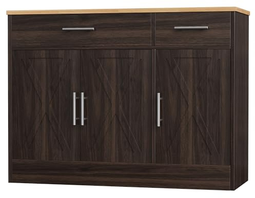 Shintenchi Modern Farmhouse Sideboard Buffet Cabinet,Barn Doors Buffet Cabinet with 2 Drawers & 3 Doors,Wood Coffee Bar Cabinet with Adjustable Shelf for Kitchen Living Room,Brown