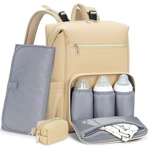 Lekesky Large Diaper Backpack with 16 Pockets, 1.52Lb Lightweight Durable Baby Bag, with Foldable Changing Pad & Pacifier Case, Anti-theft Pocket, Wipes Pocket, Easy to Clean, Khaki