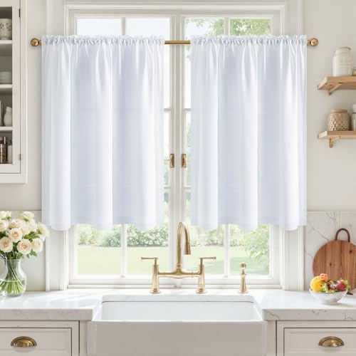 MRTREES Cortinas Cocina Ventana Cortas Lino Blancas Translucidas Pasabarras, Cortinas y Visillos Cortos para Cocina Ventanas Pequeña Baño Comedor Cafe Bistro, 2 Piezas, 60x120 cm