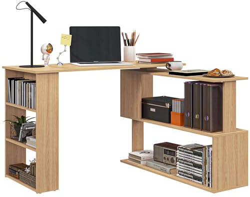 HOMCOM 47 Inch L Shaped Desk, Corner Computer Desk, 360 Degree Rotating Home Office Desk with Storage Shelves, Writing Table Workstation, Teak