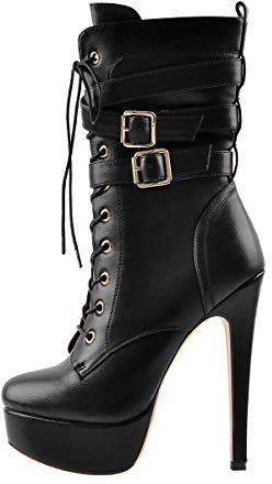 Only maker Women's Mid-Calf Platform Boots Sexy Lace-up Stiletto Heel Round Toe Buckle Strappy Fall Tall Boots Tie Up Combat Biker Motorcycle Booties Wedding Party Dress Black Size 10