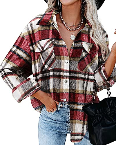 HVEPUO Damskjortjacka rutig shacket långärmad skjorta blus rock flanelljacka, a-röd, XL