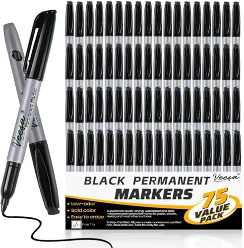 Permanent Markers Bulk, 75 Pack Black Fine Tip Permanent Marker Set - Waterproof | Quick Drying | Fade Resistant - Marks on Paper, Glass, Ceramic, Plastic, Wood, Rock, Metal
