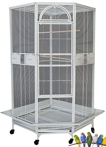 64 Extra Large Corner Bird Flight Breeding Wrought Iron Rolling Parrot Cage Side Solid Metal Plate Feed Doors Pull Out Removable Grate and Tray with Around Metal Seed Guard