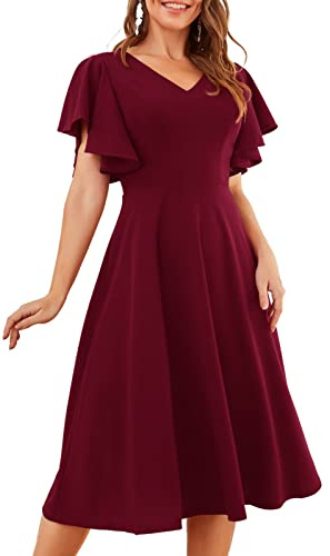 Bridesmay Semi Formal Dresses Ruffle Sleeve Tea Party Dress for Women Swing Cocktail Dresses for Wedding Guest Burgundy S
