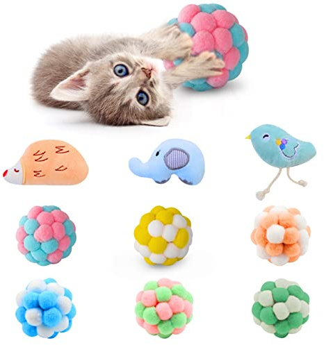 Paw Paw Babe 9 Pcs Cat Balls & Catnip Toys Set - Cartoon Fuzzy Balls, Soft & Lightweight - Kittens Chewing, Kicker Toys - Toys for Indoor Cats - Kitten & Cat Accessories - Pack of 9