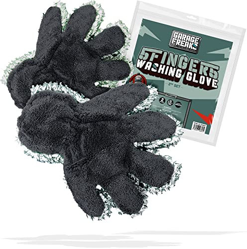 Auto Waschhandschuh 2er Pack - 5 Fingers Washing Glove Set für angenehmes und präzises Handling - Wash Mitt für eine schonende Autowäsche - 1x Dunkelgrün/Weiß, 1x Hellgrün/Weiß