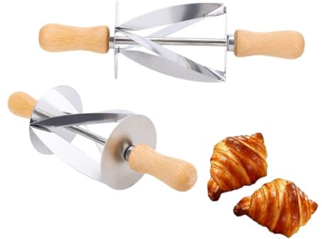 Cortador de Croissant, 2 Piezas Cortador de Croissant de Acero Inoxidable Cortador de Masa de Pan Rodillo Corta Croissant con Mango de Madera para Hacer Croissants Masa de Pan