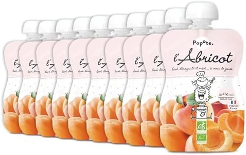 POPOTE - Purée Abricot Bio Avec Pomme 120 g - Dès 4/6 Mois - Recette 100% Fruits Sans Sucres Ajoutés - Texture Lisse Adaptée aux Bébés, Diversification alimentaire - Format Pratique - Pack 10 x 120 g