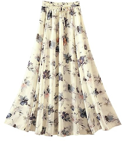 Runstarshow Ladies Summer Skirts Floral Midi Skirt Elasticated Waist Womens Elegant Boho A-line Skirts with Lining Plus Size Chiffon Bohemian Flowy Skirts Holiday Clothing