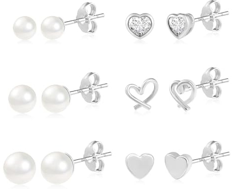 Sterling Silver Earrings Set - Small Pearl & Heart Studs, Mini Sleeper Cartilage Earrings for Women