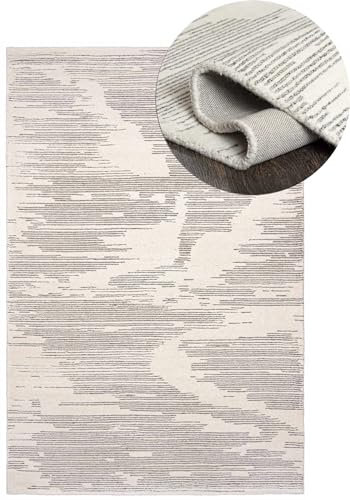 Mazovia Wollteppich - Natürliches Material Japandi, Handwebteppich Robust & Naturprodukt, für Wohnzimmer, Schlafzimmer, Esszimmer - Creme Grau - 80 x 150 cm