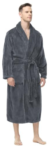 Yurhap Mens Fleece Robe, Soft Plush Robe for Men, Fluffy Bathrobe with Belt & 2 Pockets, Dark Grey, L-XL