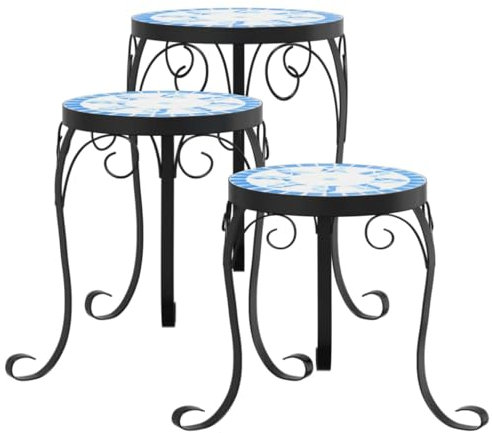 vidaXL Pflanzenständer 3 STK., Blumenständer Mosaik-Design, Blumenhocker für Garten Balkon Terrasse, Blumensäule Dekoständer, Blau Weiß Keramik