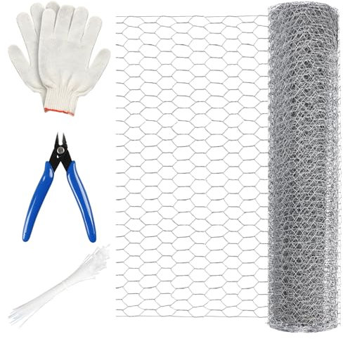 PBUSPU Maschendrahtzaun, Hasendraht Hühnerzaun Verzinkt 0.4mx5m Kaninchendraht Sechseck Drahtgitter,chicken wire für Gardening,Crafts,Flowers,Mit Zange, Handschuhen und Krawatte