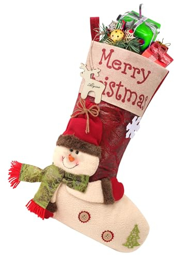Yunaeduo Christmas Stockings - 18.5 Large Christmas Stocking, 3D Cute Snowman Xmas Stockings with Name Tages, Christmas Decorations for Tree, Bed, Stairs & Fireplace