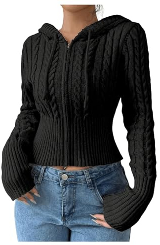 SOLY HUX Women's Crop Cardigan Sweater Cable Knit Zip Up Hoodies Long Sleeve Fall Jacket Y2k Outerwear Solid Black Small