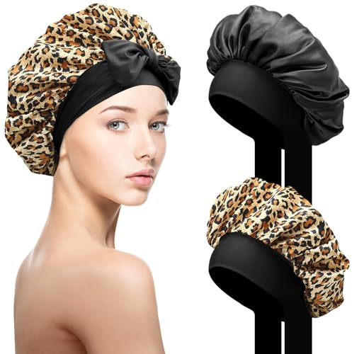 Bonnet de Nuit en Satin SOMLAW, Noir+Imprimé Léopard, Réglable, Multifonctionnel, Protection des cheveux, Taille Unique, Pour Femmes, Été