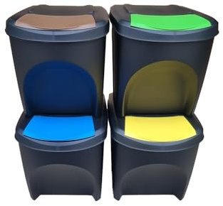 Stolmet Large Stackable Recycling Bins Set of 4x25L (Brand KrysGo) - Customizable Lids with Recycling Stickers - Waste Sorting for Home, Kitchen, Office (Black + Multi Coloured)