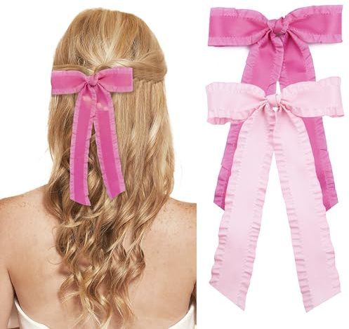 2PCS Hair Bows for Women Girls, Bow for Hair Slides Metal Clips Cute Ruffled Edge Satin Ribbon Accessories for Toddlers Teens Kids(Hot Pink,Pink)