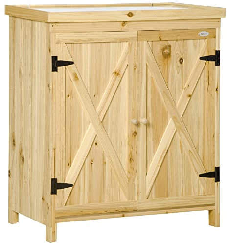 Outsunny Gartenschrank, Gartenaufbewahrungsschrank, mit verzinkter Metallplatte Regal Doppeltür mit Griff Erhöhte Füße aus Massivholz 80 x 45 x 92 cm Naturholz