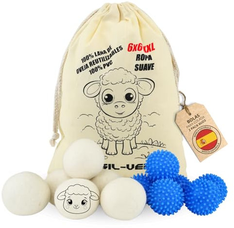 SILVERSTORE® 6+6 Bolas Para Secadora y Lavadora - Secadora De Ropa - 6 Bolas De Lana + 6 Bolas De PVC - Reducen Las Arrugas De La Ropa y Secado - Secadora Lavadora XXL
