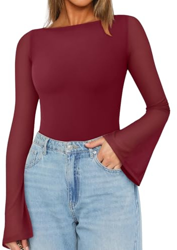 LACOZY Women's Long Bell Sleeve Crop Top Boat Neck Going Out Tops Sexy Y2K Fitted Tee Shirts Burgundy M