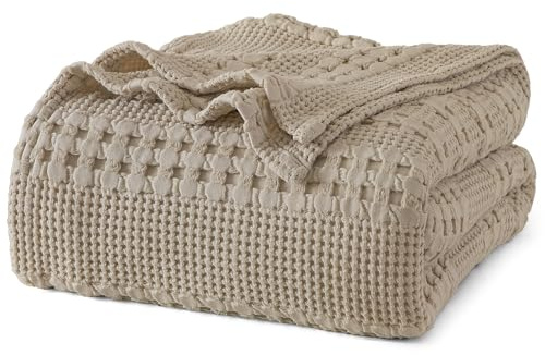 PHF 100% Cotton Waffle Weave Blanket Twin/Double Size 150x200cm, Oeko-TEX Certified Pre-Washed Soft Lightweight & Breathable Throw Blanket, Luxury Aesthetic Woven Bedding for Home Decor, Simply Taupe