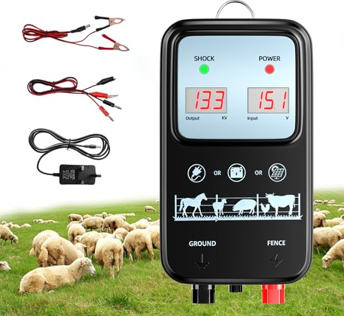 Trsaow Electric Fence Energiser 12V 2J, 15km Range,IP44 Electric fence posts, Electric Fence Tester Insulators, Weatherproof Kit for Horses, Cattle, Pigs, Goats, 2J Output, 3 Ways to Power (black)