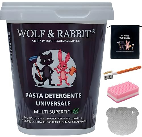 WOLF & RABBIT Pasta Pulente Universale 500g con Kit Completo – Detergente Cucina,Bagno, Sgrassatore Multiuso,forno,piano cottura,piastrelle,rubinetti, crema Rimuove Incrostazioni,anticalcare
