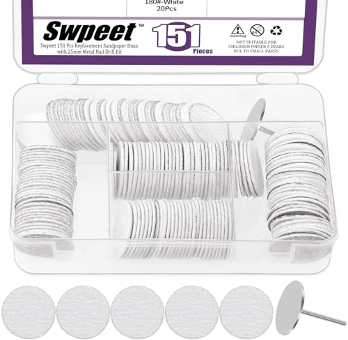 Swpeet 151Pcs White 80# 120# 150# 180# 240# Grits Replacement Sandpaper Disc with Metal Nail Drill Bit Kit, Sanding Paper Discs, Self-Adhesive Sanding Discs Bits for Callus Remover Tool Polishing