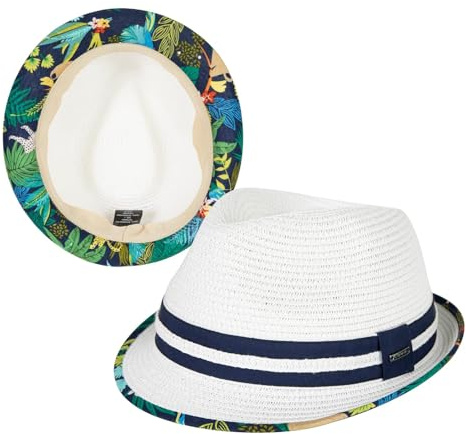 Comhats Unisex Summer Panama Fedora Trilby Straw Sun Hats for Men Women Safari Beach Hat Packable XS-XXXL (UK, Alpha, L, 551_White - Tropical Jungle)