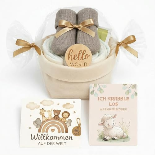 Torta di pannolini per bambine e ragazzi – Boho Vintage [fatto a mano] – Regalo per la nascita in tela organizer con cartello Hello World, calzini per bambini e tè biologico, torta per pannolini