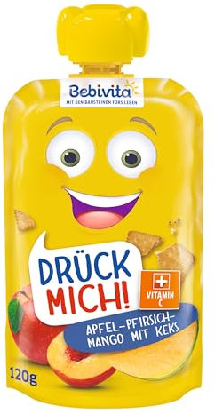 Bebivita Drück mich! Quetschbeutel Apfel-Pfirsich-Mango mit Keks, 6er Pack (6 x 120 g)
