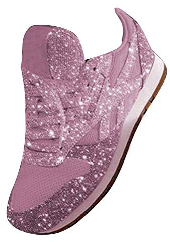 ORANDESIGNE Damen Pailletten Sneaker Flach Schuhe Freizeit Schnürer Sportschuhe Glänzende Schuhe Laufschuhe Sneaker Rosa 41 EU