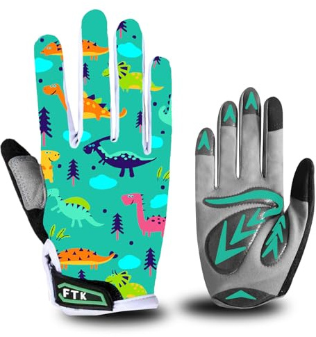 FINGER TEN Kids Cycling Gloves Bike Mtb Full Finger 1 Pair | Gel Padded Absorption for Motorbike, Mountain, Motocross, Breathable Lightweight Fit, Assorted Patterns, Durable Long Wear